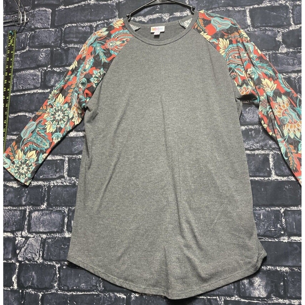 LuLaRoe Top Womens Medium Gray Green Yellow Southwestern Floral Athleisure